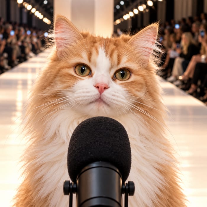 Podcatwalk coin logo featuring a cream-and-orange cat and a black microphone.