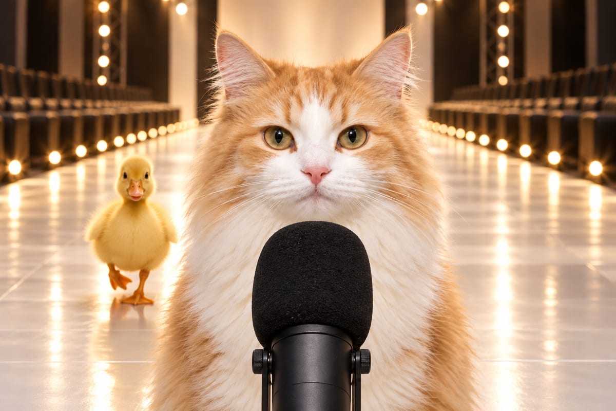 Podcatwalk sits calmly behind a black microphone as the fashion runway glows beyond.