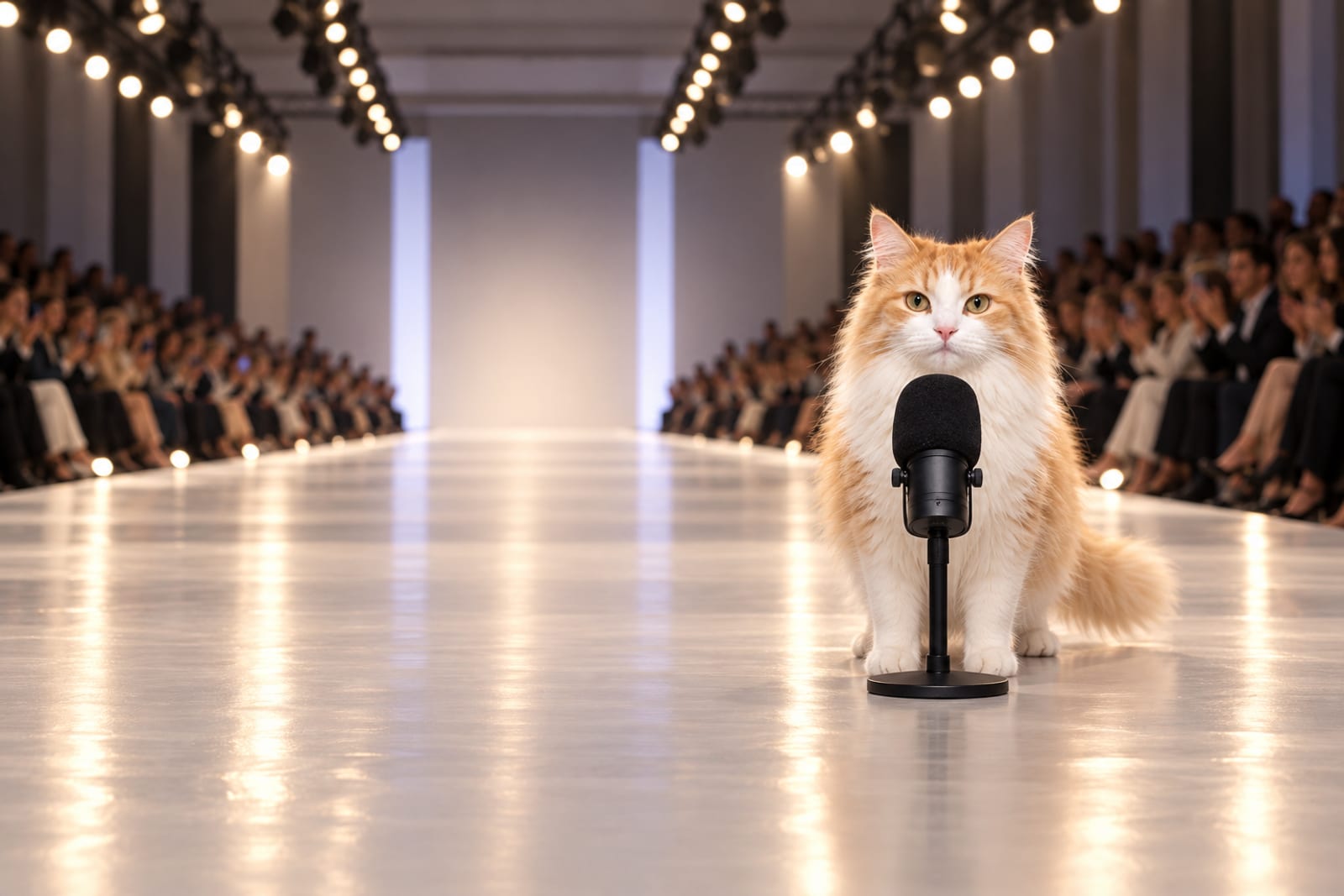 Photograph of a fluffy cream-and-orange cat facing the viewer behind a large black foam-covered microphone, with an illuminated fashion runway and softly blurred audience seating behind it.