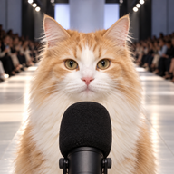 Podcatwalk coin logo featuring a cream-and-orange cat and a black microphone.